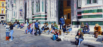 Sitting on the Steps of the Duomo 31x68 2009 31x68 Huge- Florence Italy Original Painting - Matthew Bates
