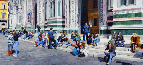 Sitting on the Steps of the Duomo 2009 31x68  -Huge - Florence, Italy Original Painting - Matthew Bates