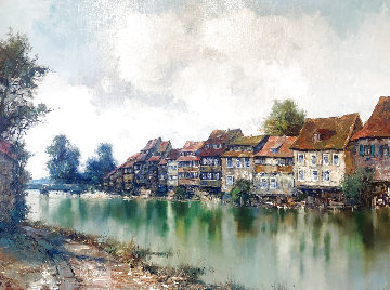 River Village 1987 41x48 Huge Original Painting - Willi Bauer River Village 1987 41x48 Huge Original Painting - Willi Bauer