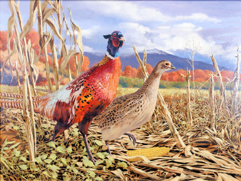 Autumn Harvest for Ring Neck Pheasants 1960 31x38 Original Painting - Tom Beecham