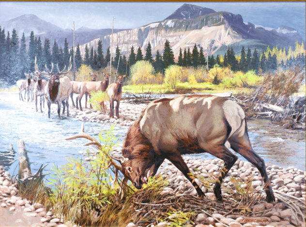 Bull Elk: A Creek Bed Confrontation 1960 32x39 Original Painting by Tom Beecham