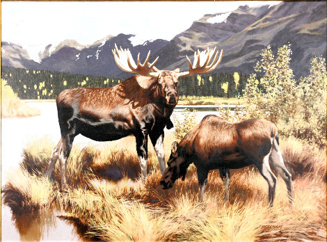Moose Against the Mountains 1960 28x34 Original Painting - Tom Beecham