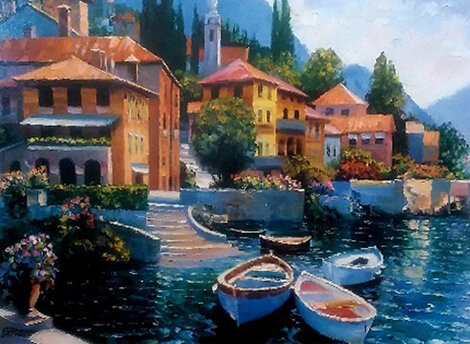 Lake Como Landing 2000  - Early Embellished Giclee on Canvas - Italy - Signed Twice Limited Edition Print - Howard Behrens