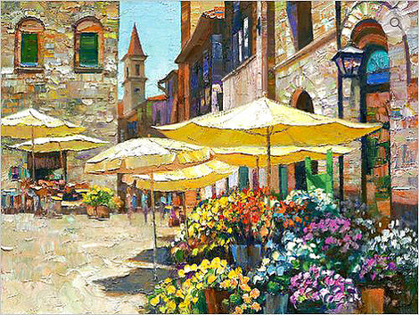 Siena Flower Market 2000 - Heavily Embellished Giclee on Canvas - Italy Limited Edition Print - Howard Behrens