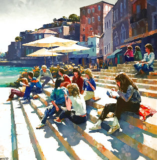 Meeting At the Steps 1985   55”x56” Canvas Original Painting - Howard Behrens