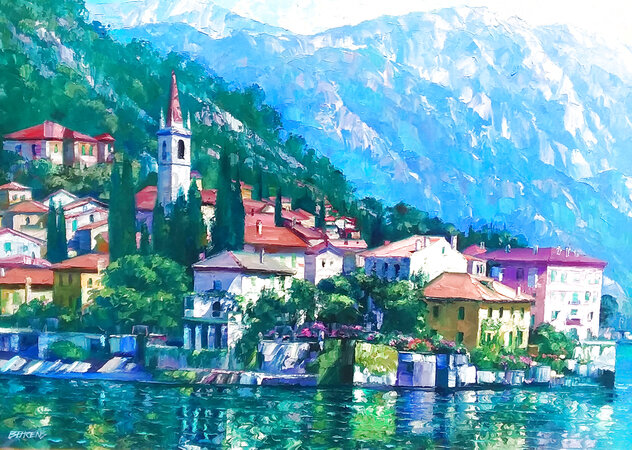Reflections of Lake Como 2000 - Framed Embellished Lithograph on Canvas - Huge - Italy Limited Edition Print by Howard Behrens