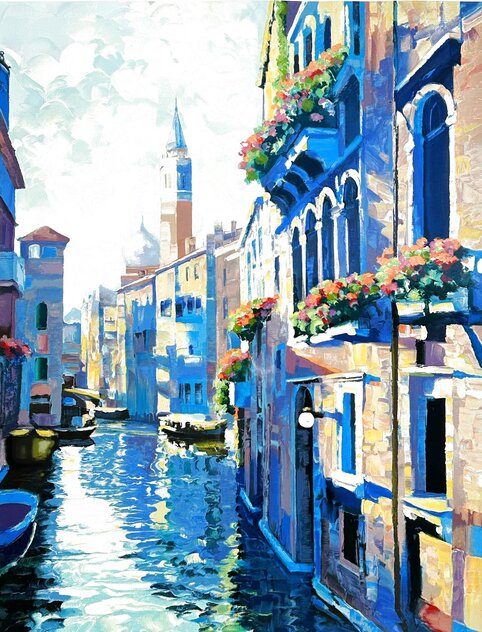 Morning in Venice 2010 Huge Framed Embellished Giclee on Canvas - Italy by Howard Behrens