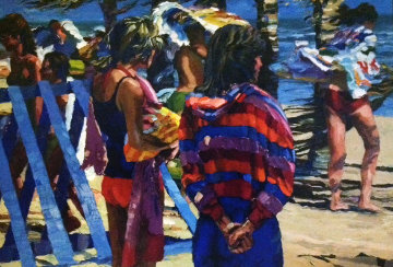 Two Girls At the Beach 1982 36x50 Huge Original Painting - Howard Behrens