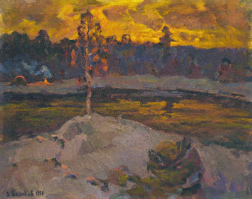 Bonfire in the Distance 1990 20x25 Original Painting - Vasily Belikov Bonfire in the Distance 1990 20x25 Original Painting - Vasily Belikov