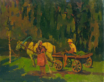 Haying Time 1985 21x27 Original Painting - Vasily Belikov Haying Time 1985 21x27 Original Painting - Vasily Belikov
