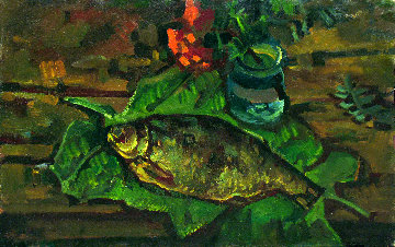Still Life With Fish on the Leaves 1981 20x32 Original Painting - Vasily Belikov Still Life With Fish on the Leaves 1981 20x32 Original Painting - Vasily Belikov
