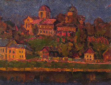 Town on the River 1971 13x15 Original Painting - Vasily Belikov Town on the River 1971 13x15 Original Painting - Vasily Belikov