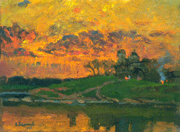 Bonfires Over the River 1989 13x18 Original Painting - Vasily Belikov