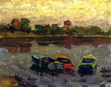 Three Boats 1981 13x16 Original Painting - Vasily Belikov Three Boats 1981 13x16 Original Painting - Vasily Belikov