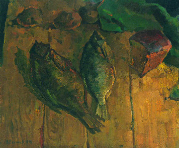 Still Life With Fish 1978 17x21 Original Painting - Vasily Belikov Still Life With Fish 1978 17x21 Original Painting - Vasily Belikov