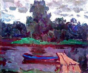 Boat on the River 1982 13x16 Original Painting - Vasily Belikov Boat on the River 1982 13x16 Original Painting - Vasily Belikov