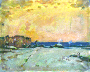 Winter Evening in the Village 1980 16x20 Original Painting - Vasily Belikov