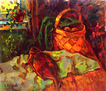 Still Life With Basket 1983 27x31 Original Painting - Vasily Belikov