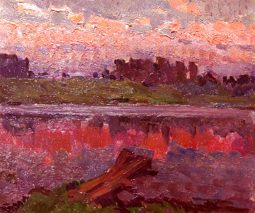 On the River 1982 13x15 Original Painting - Vasily Belikov
