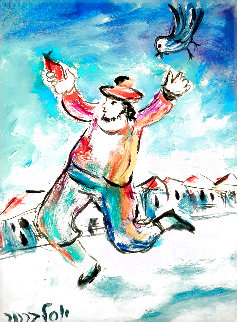 Man & Bird 1980 18x15 Original Painting - Yosl Bergner Man & Bird 1980 18x15 Original Painting - Yosl Bergner