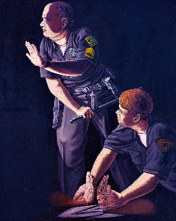 Apprehension of Rodney King With Sgt. Stacey Koon And Officer Lawrence Powell 1992 27x23 Original Painting - Sandow Birk Apprehension of Rodney King With Sgt. Stacey Koon And Officer Lawrence Powell 1992 27x23 Original Painting - Sandow Birk