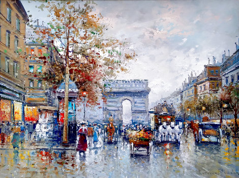 Arc De Triomphe et Les Champs a Lysees a Paris  32x28 - Paris, France Original Painting - Antoine Blanchard