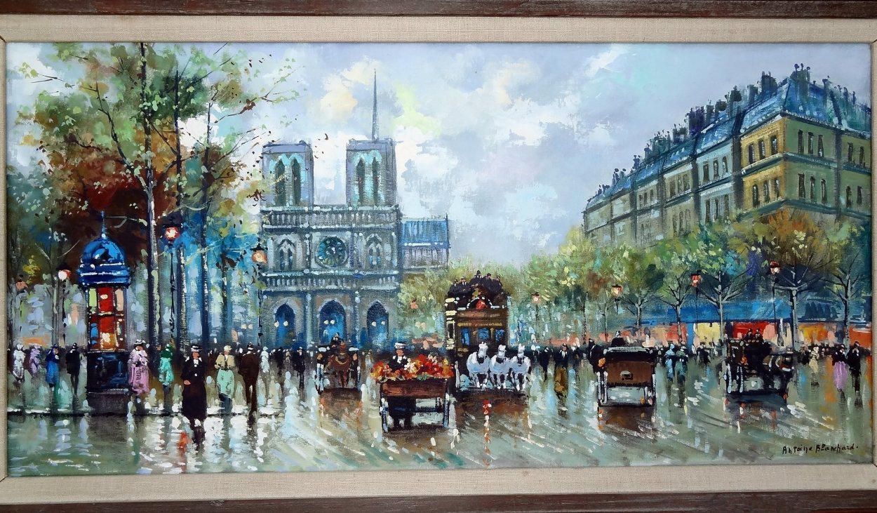 Paris Street Scene - Notre Dame 38x23 Original Painting by Antoine Blanchard Paris Street Scene - Notre Dame 38x23 Original Painting by Antoine Blanchard