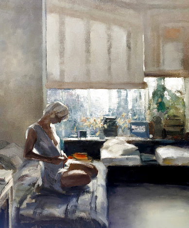 Seated Women Dressing in Front of Window 2000 36x30 Original Painting - Chen Bolan