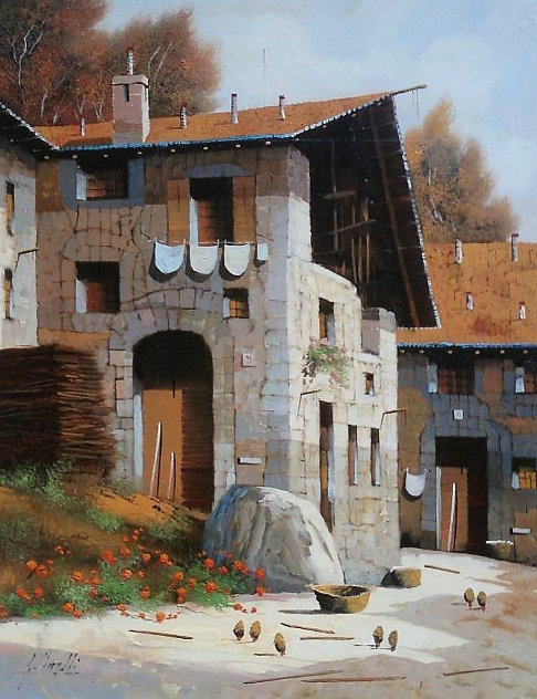 Hens 1991 21x17 Original Painting by Guido Borelli
