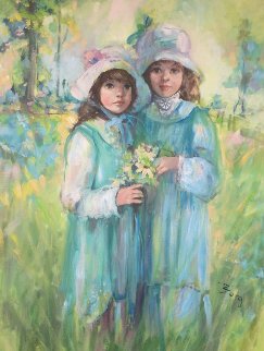 Untitled Little Girls 1980 42x32 Huge Original Painting - Irene Borg