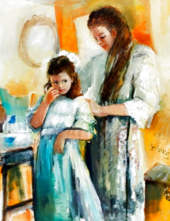 Unknown - Portrait of a Mother and Daughter 49x39 Original Painting - Irene Borg