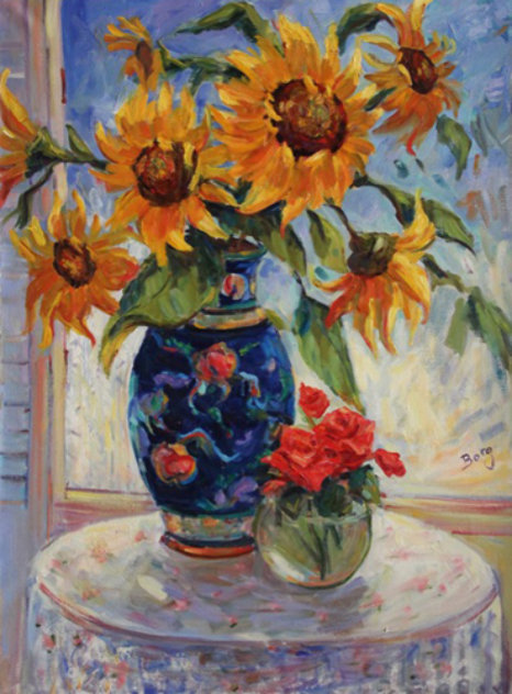 Sunflower in an Oriental Vase 30x40 Original Painting by Irene Borg