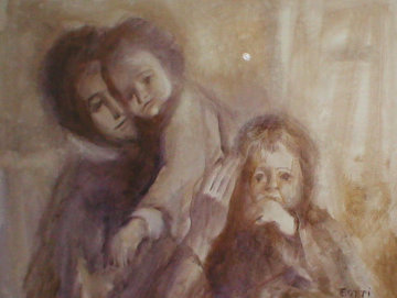 Mother With Two Children 32x44 Original Painting - Italo Botti Mother With Two Children 32x44 Original Painting - Italo Botti