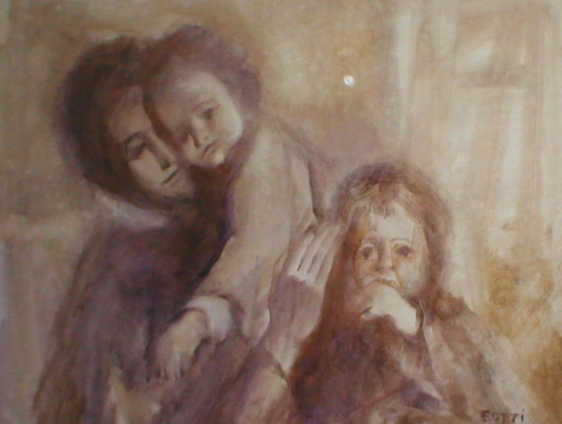 Mother with Two Children 1974 32x44 - Huge Original Painting by Italo Botti