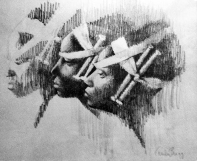 Watusi Heads Drawing 1961 14x14 Drawing by Charles Ray Bragg