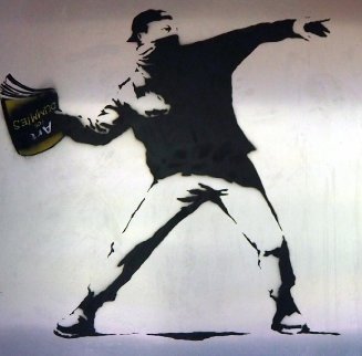 Banksy Thrower Unique on Metal 2012 36x36 Original Painting - Mr. Brainwash Banksy Thrower Unique on Metal 2012 36x36 Original Painting - Mr. Brainwash