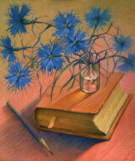 Still Life With Book And Cornflowers 1997 18x16 Original Painting - Victor Bregeda Still Life With Book And Cornflowers 1997 18x16 Original Painting - Victor Bregeda