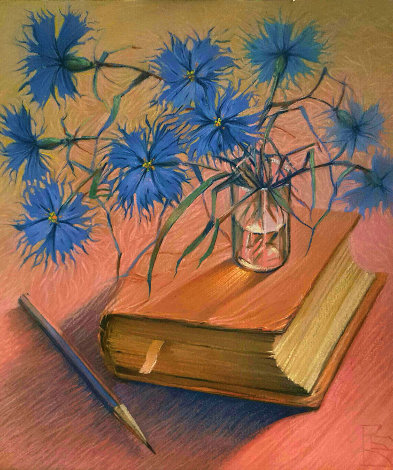 Still Life With Book And Cornflowers 1997 18x16 Original Painting - Victor Bregeda