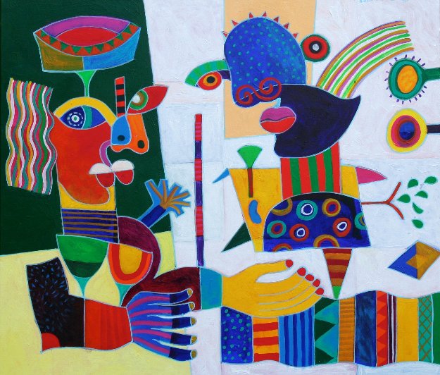 Clemens Briels painting of abstract figures with hands and noses
