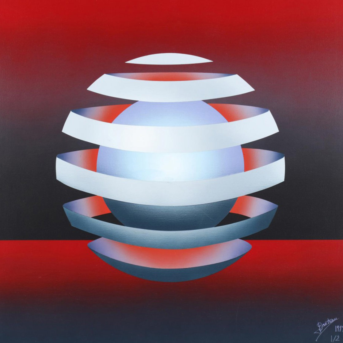 Untitled - Floating Orb on Red 1979 31x31 Original Painting by Patrice Breteau