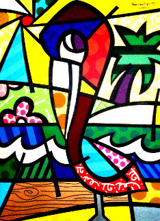 Colorful Florida Pelican 48x36 Super Huge Original Painting - Romero Britto Colorful Florida Pelican 48x36 Super Huge Original Painting - Romero Britto