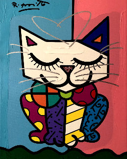 Cat Pink IV 2018 25x22 Original Painting - Romero Britto Cat Pink IV 2018 25x22 Original Painting - Romero Britto