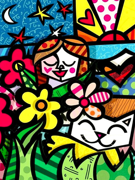 Girl and Cat 3-D Unique 2019 25x23 Original Painting by Romero Britto