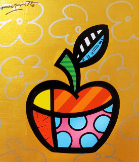 Gold Apple 2017 24x22 Original Painting - Romero Britto Gold Apple 2017 24x22 Original Painting - Romero Britto
