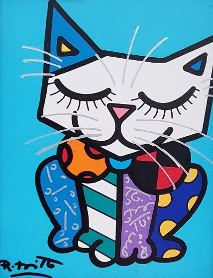 Romero Britto, Blue Cat , original paintings, 2016 by Romero 
