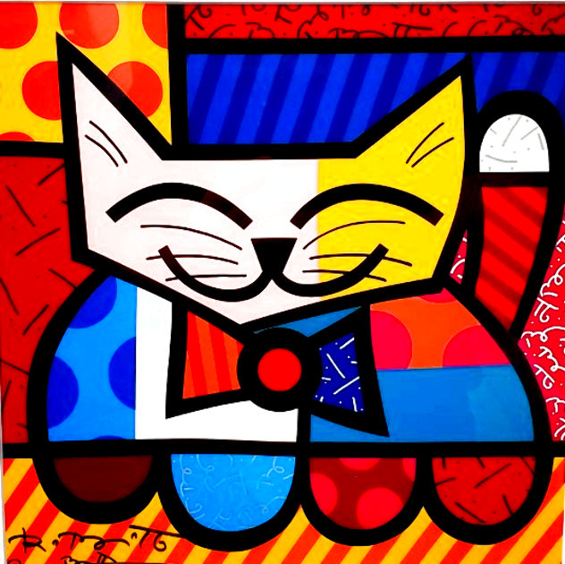Untitled Cat Unique 18x17 Works on Paper (not prints) by Romero Britto