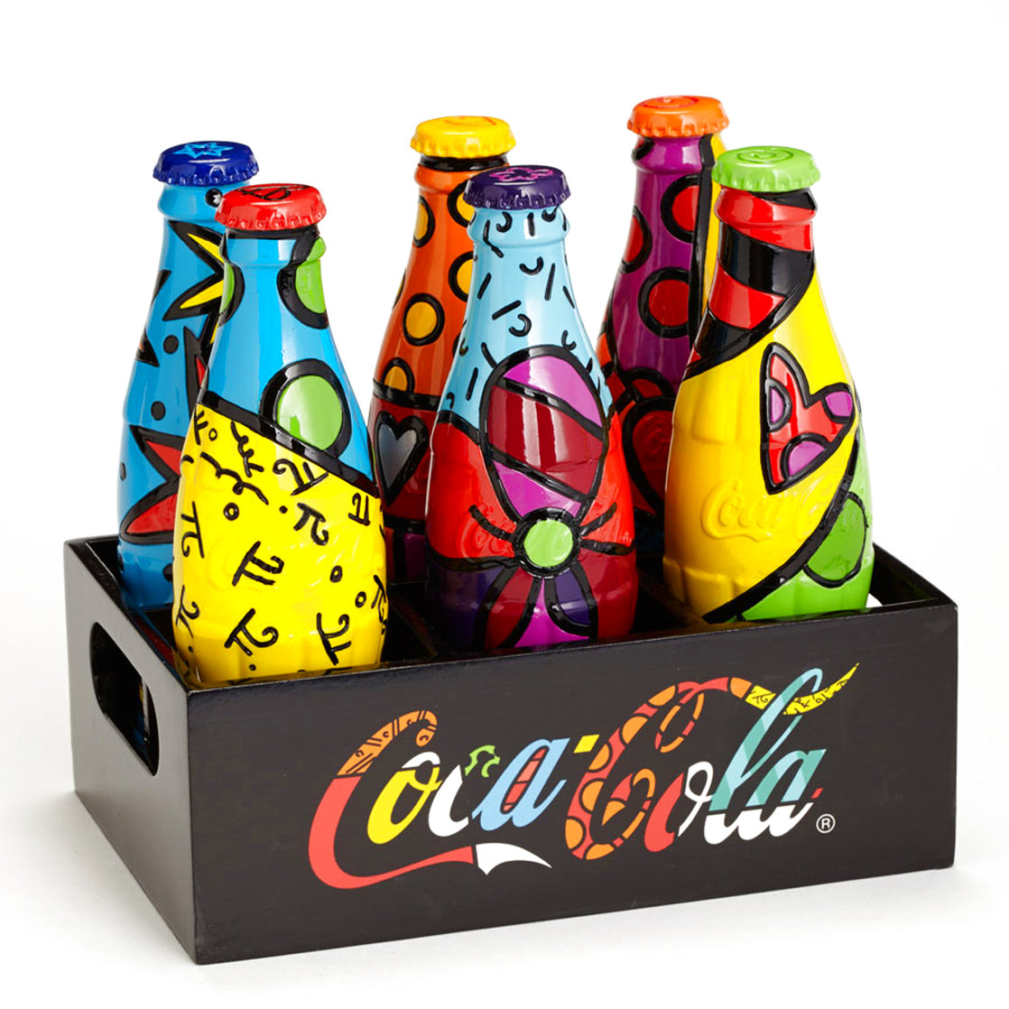 Romero Britto Numbered Limited Edition Coke Bottle Set With Crate 2014 Sculpture by Romero Britto