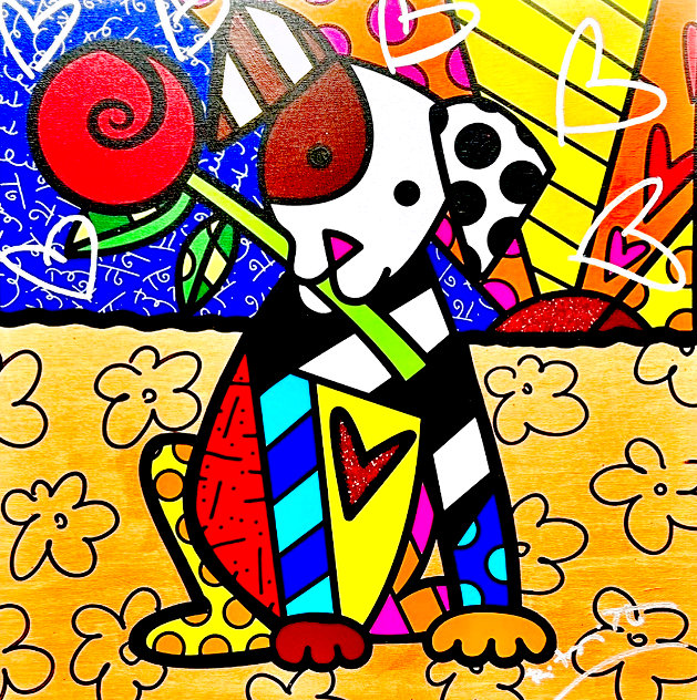 Puppy Love Unique 2017 Mixed Media Giclee on Canvas 21x21 by Romero Britto  - For Sale on Art Brokerage