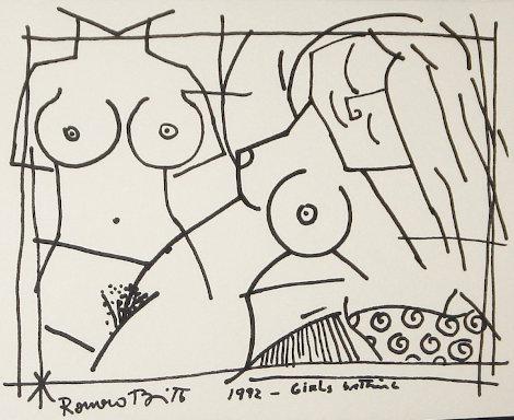 Girls Bathing 1992 21x24 - Vintage Drawing - Romero Britto