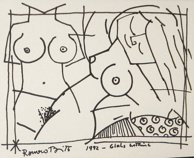Girls Bathing 1992 21x24 - Vintage Drawing by Romero Britto